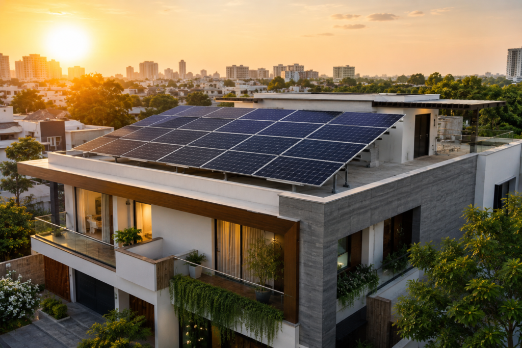 Modern Ahmedabad bungalow with rooftop solar installation