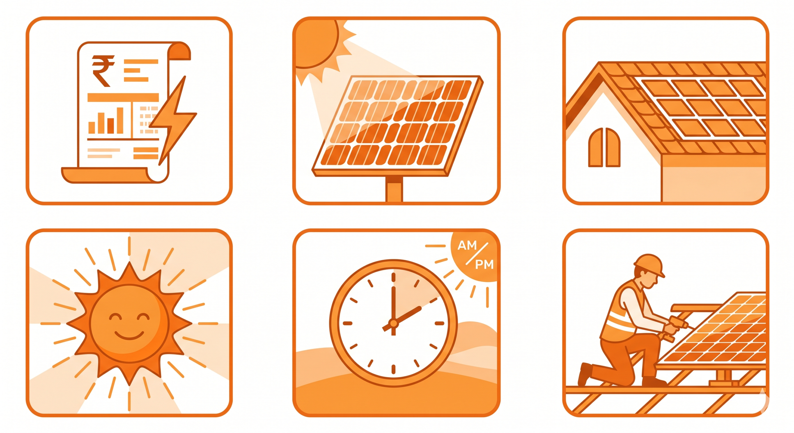 Infographic showing 6 factors that determine rooftop solar savings: electricity bill, system size, rooftop space, sunlight, usage pattern, and installation quality.