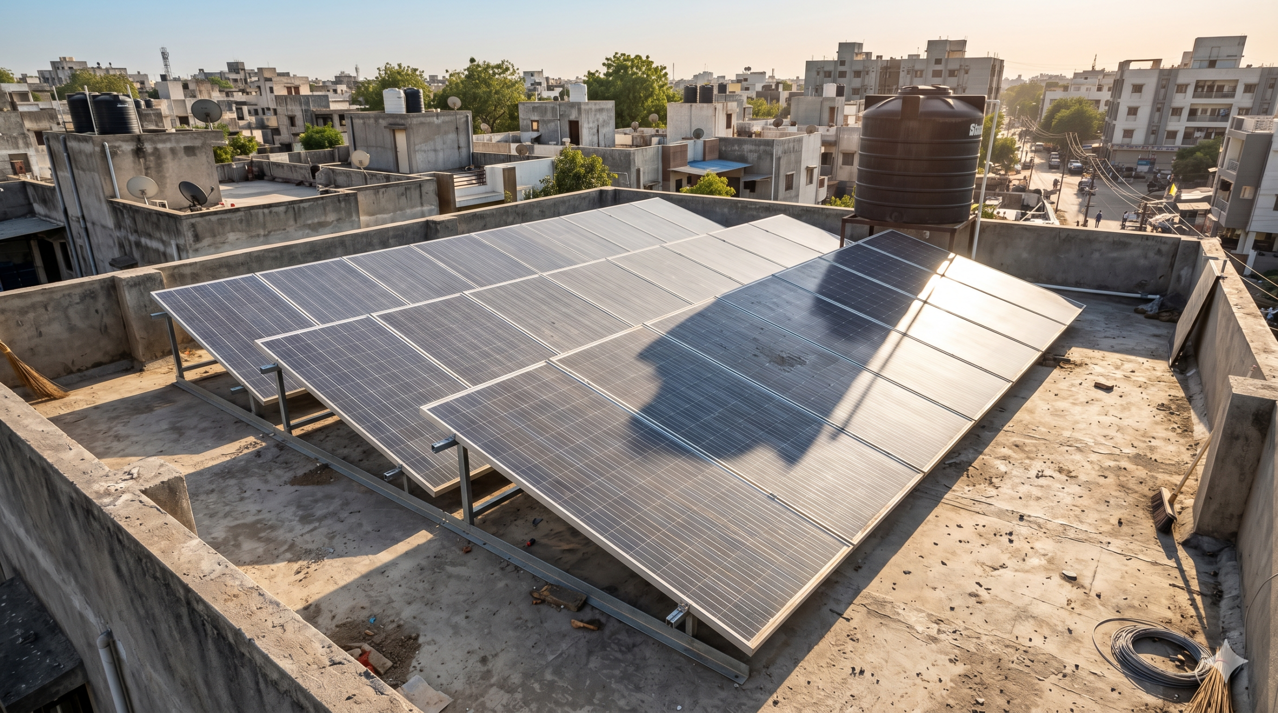 Residential rooftop solar installation showing solar panels, rooftop water tank, and shadow conditions that can affect solar energy generation.