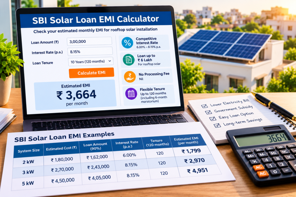 SBI solar loan EMI calculator illustration showing loan amount, interest rate and estimated monthly payments for rooftop solar