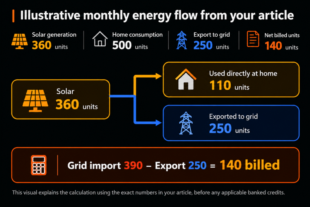 Solar net metering infographic showing 360 units of solar generation, 250 units exported to the grid, 390 units imported and 140 net billed units.
