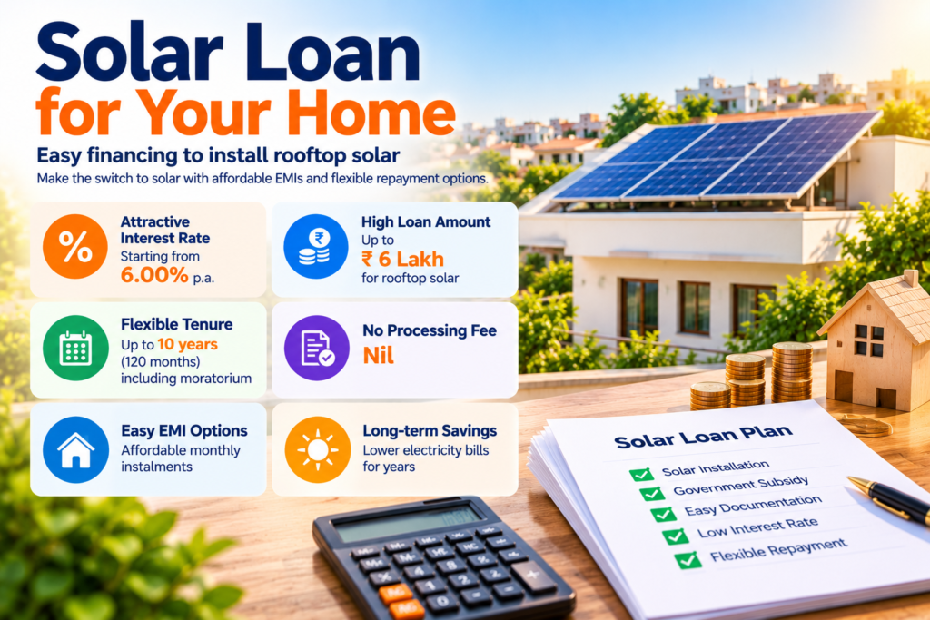 Benefits of SBI solar loan for rooftop solar, including interest rates, EMI options, loan amount and repayment tenure