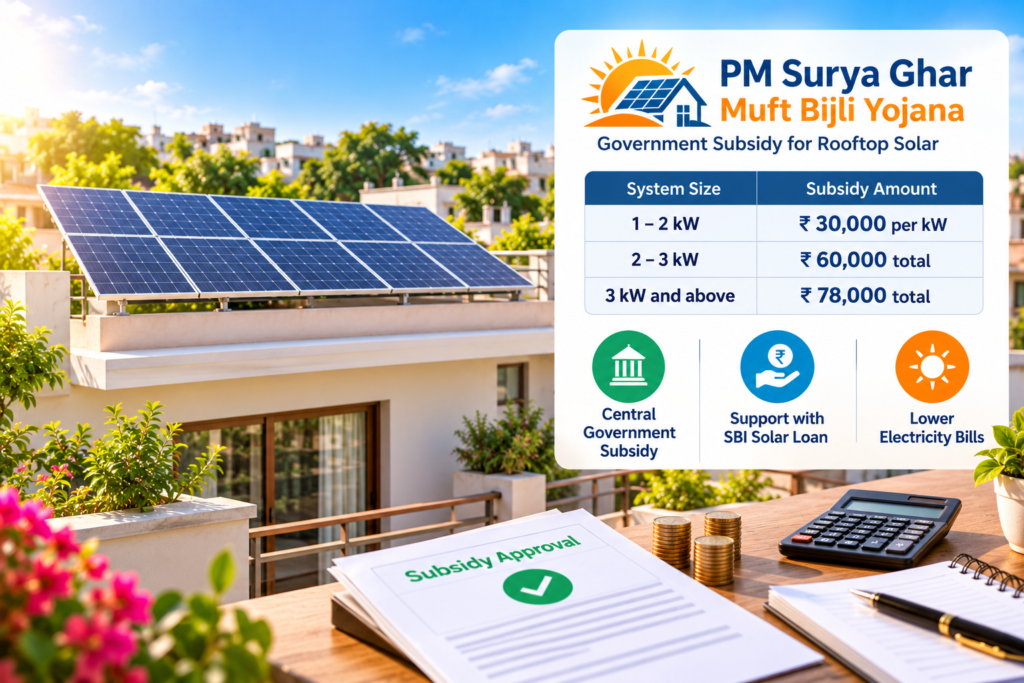 PM Surya Ghar subsidy for rooftop solar with SBI solar loan, showing solar panels and government subsidy benefits