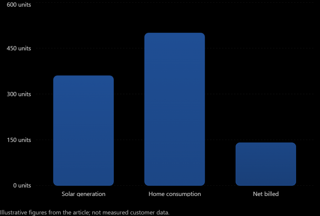 Bar chart comparing 360 units of monthly solar generation, 500 units of home electricity consumption, and 140 net billed units after solar installation.