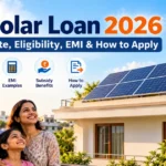 SBI solar loan 2026 guide featuring rooftop solar panels, interest rates, eligibility, EMI and subsidy benefits