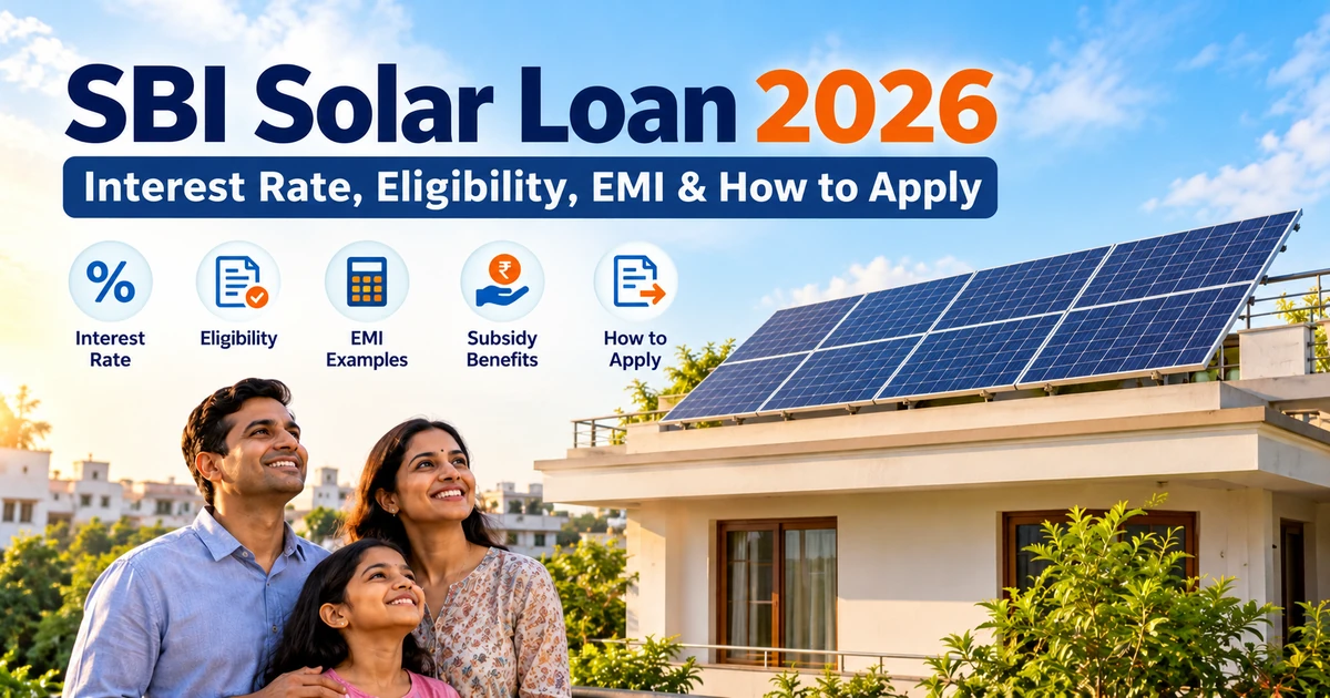 SBI solar loan 2026 guide featuring rooftop solar panels, interest rates, eligibility, EMI and subsidy benefits